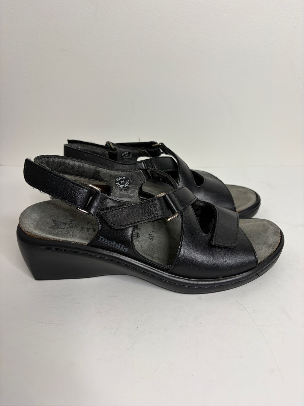 Mephisto Mobils Sandals Womens 40 US 10 Black Leather Ankle Strap Wedge Shoes